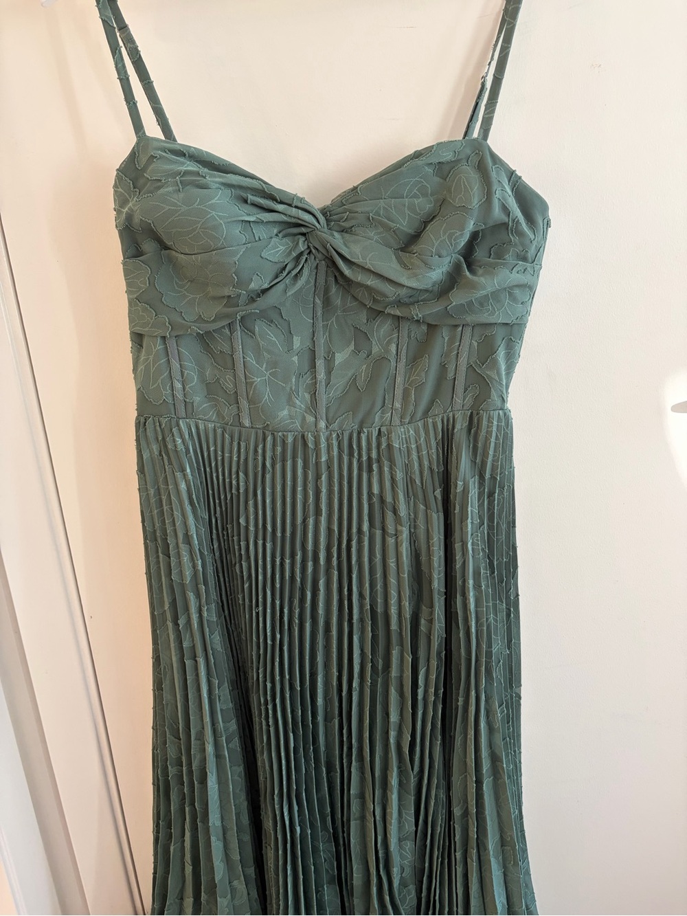 Olive Green Twisted Bodice Pleated Midi Dress